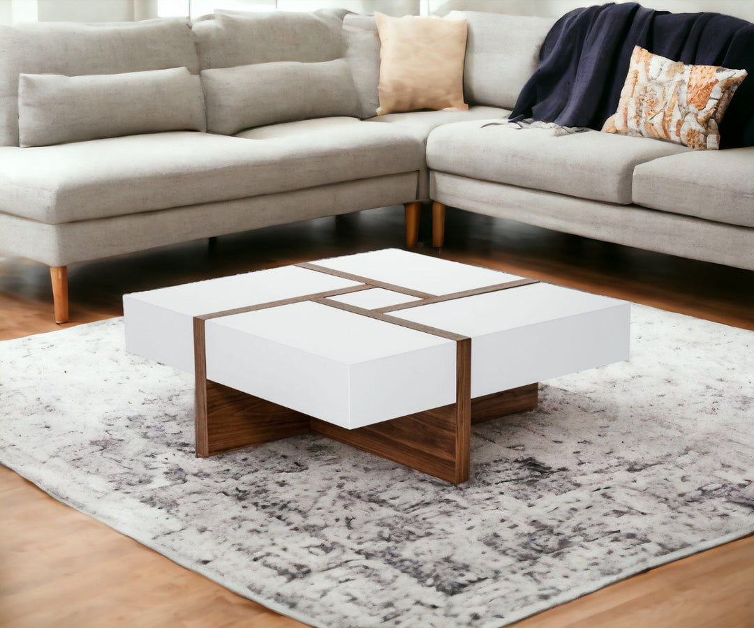 Modern White and Walnut Square Coffee Table with Storage