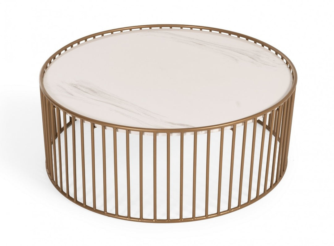 37-Inch Modern Round Faux Marble and Gold Coffee Table