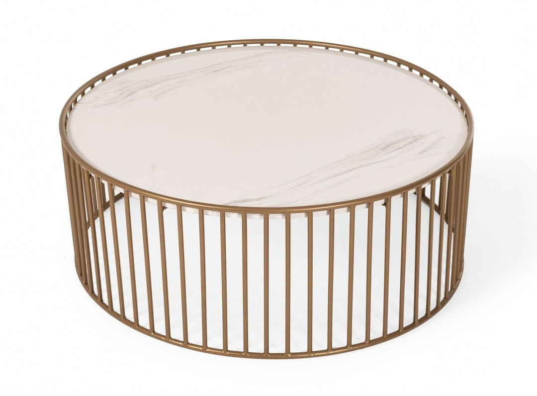 37-Inch Modern Round Faux Marble and Gold Coffee Table