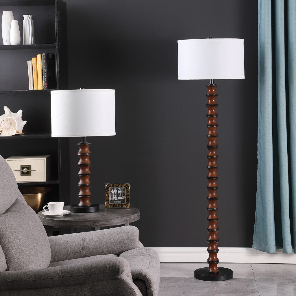 61" Dark Cherry Black Faux Wood Bubble Floor Lamp With White Drum Shade