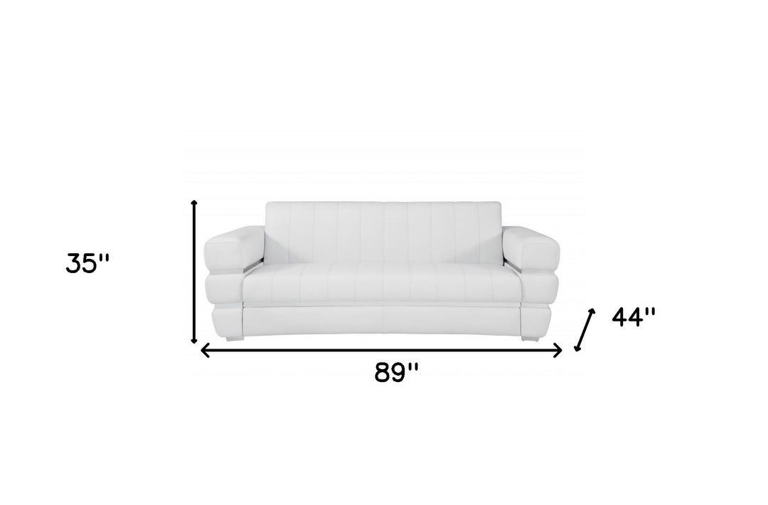 89" White Italian Leather Sofa With Silver Legs