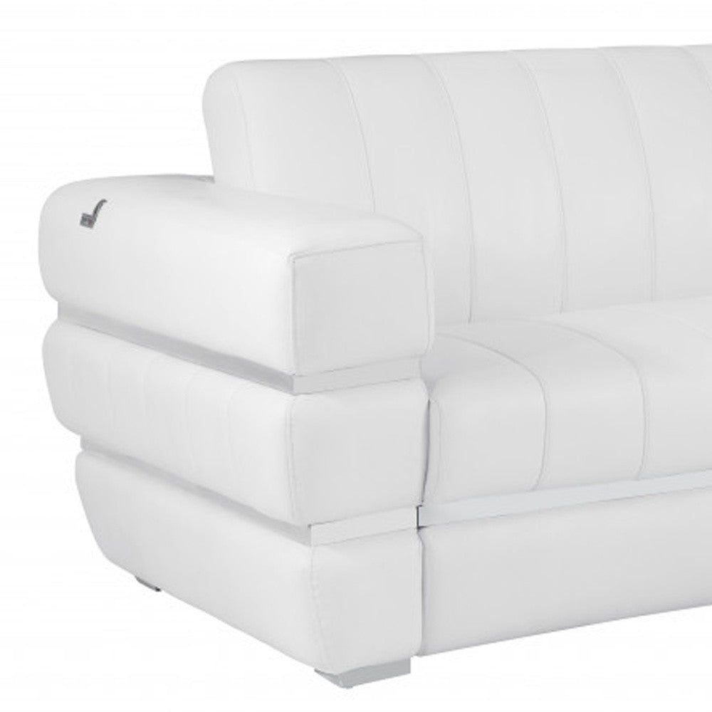 89" White Italian Leather Sofa With Silver Legs