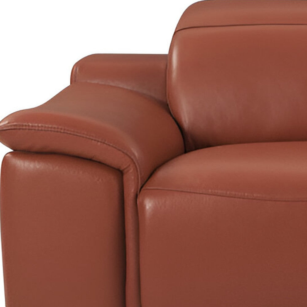 86" Camel Italian Leather USB Reclining Sofa With Silver Legs