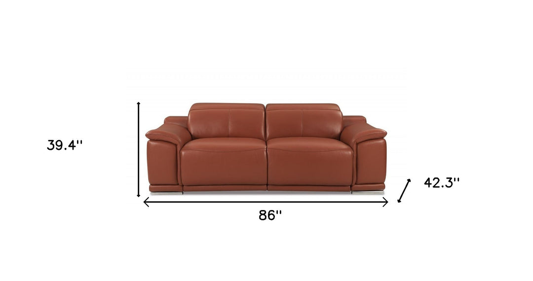 86" Camel Italian Leather USB Reclining Sofa With Silver Legs