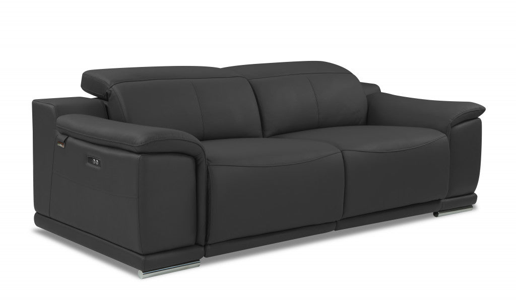 86" Dark Gray Italian Leather USB Reclining Sofa With Silver Legs