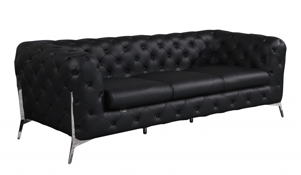 93" Black Italian Leather Chesterfield Sofa With Silver Legs