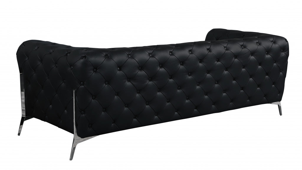 93" Black Italian Leather Chesterfield Sofa With Silver Legs