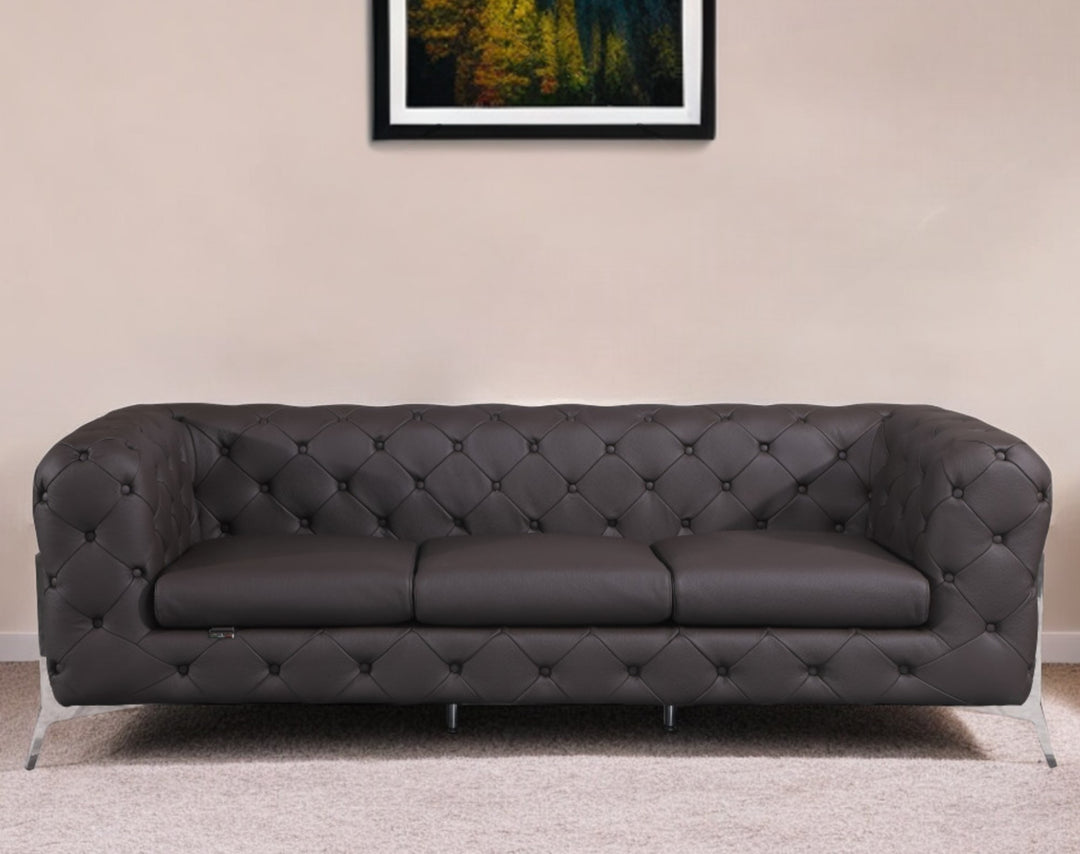 93" Brown Italian Leather Chesterfield Sofa With Silver Legs