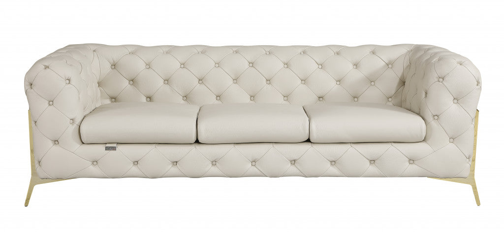 93" Beige Italian Leather Chesterfield Sofa With Silver Legs