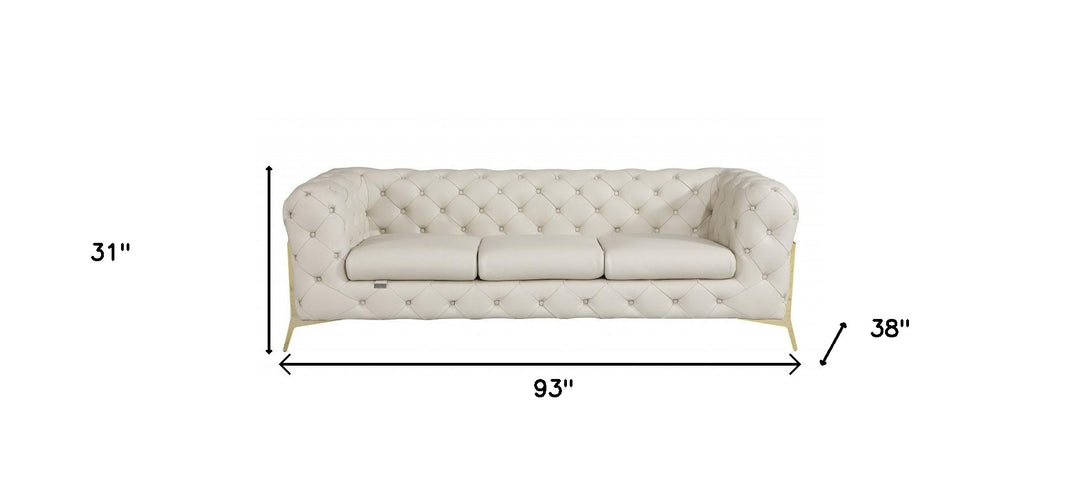 93" Beige Italian Leather Chesterfield Sofa With Silver Legs