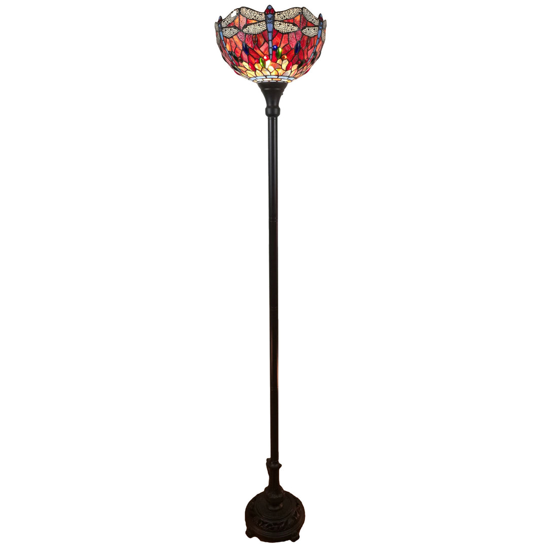 69" Brown Traditional Shaped Floor Lamp With Red Yellow And Brown Dragonfly Stained Glass Dome Shade