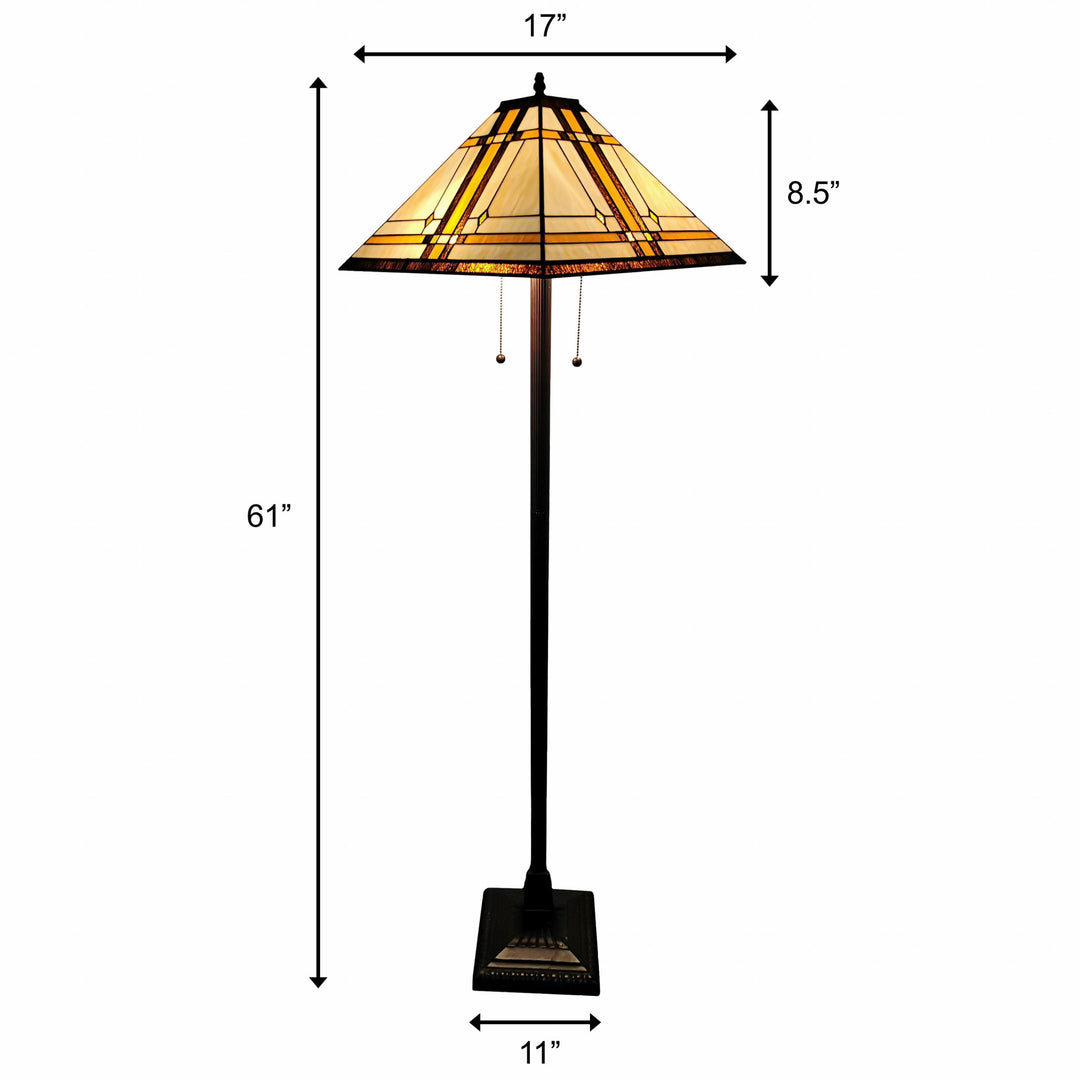 62" Brown Two Lights Traditional Shaped Floor Lamp With Brown And White Stained Glass Cone Shade