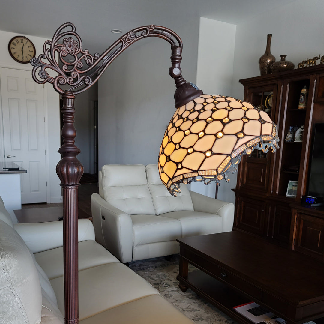 62" Brown Traditional Shaped Floor Lamp With White Tiffany Glass Bowl Shade