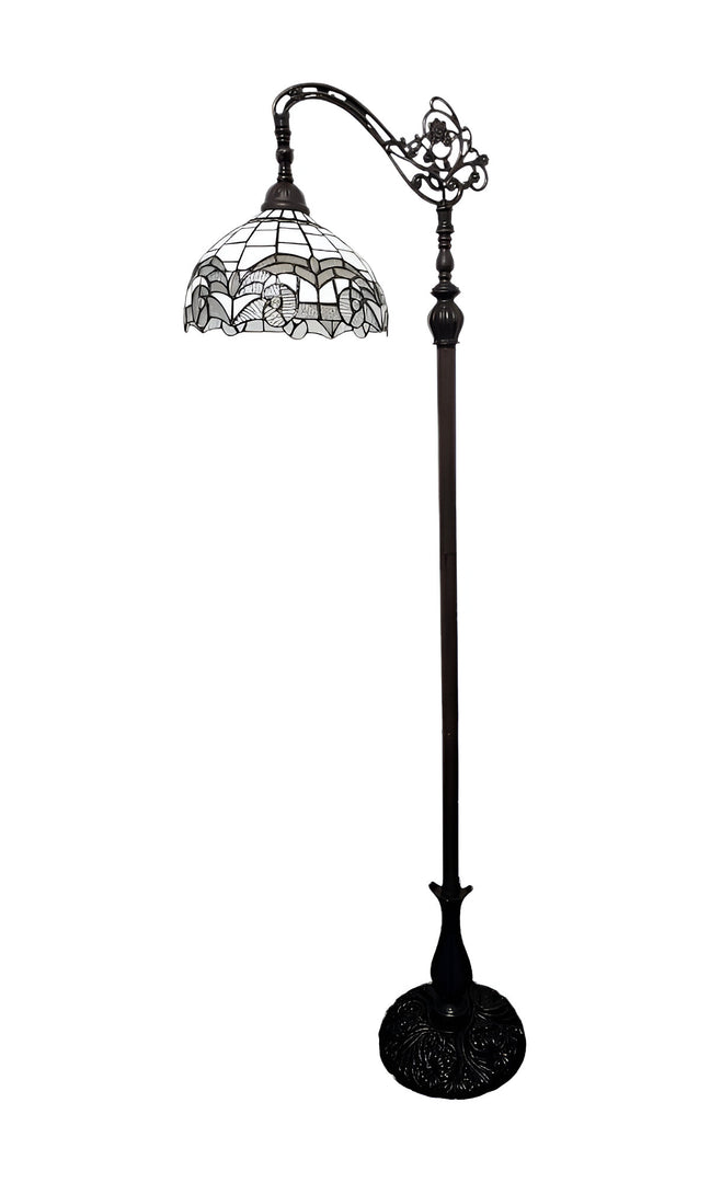 62" Brown Metal Arched Floor Lamp With White Geometric Stained Glass Shade