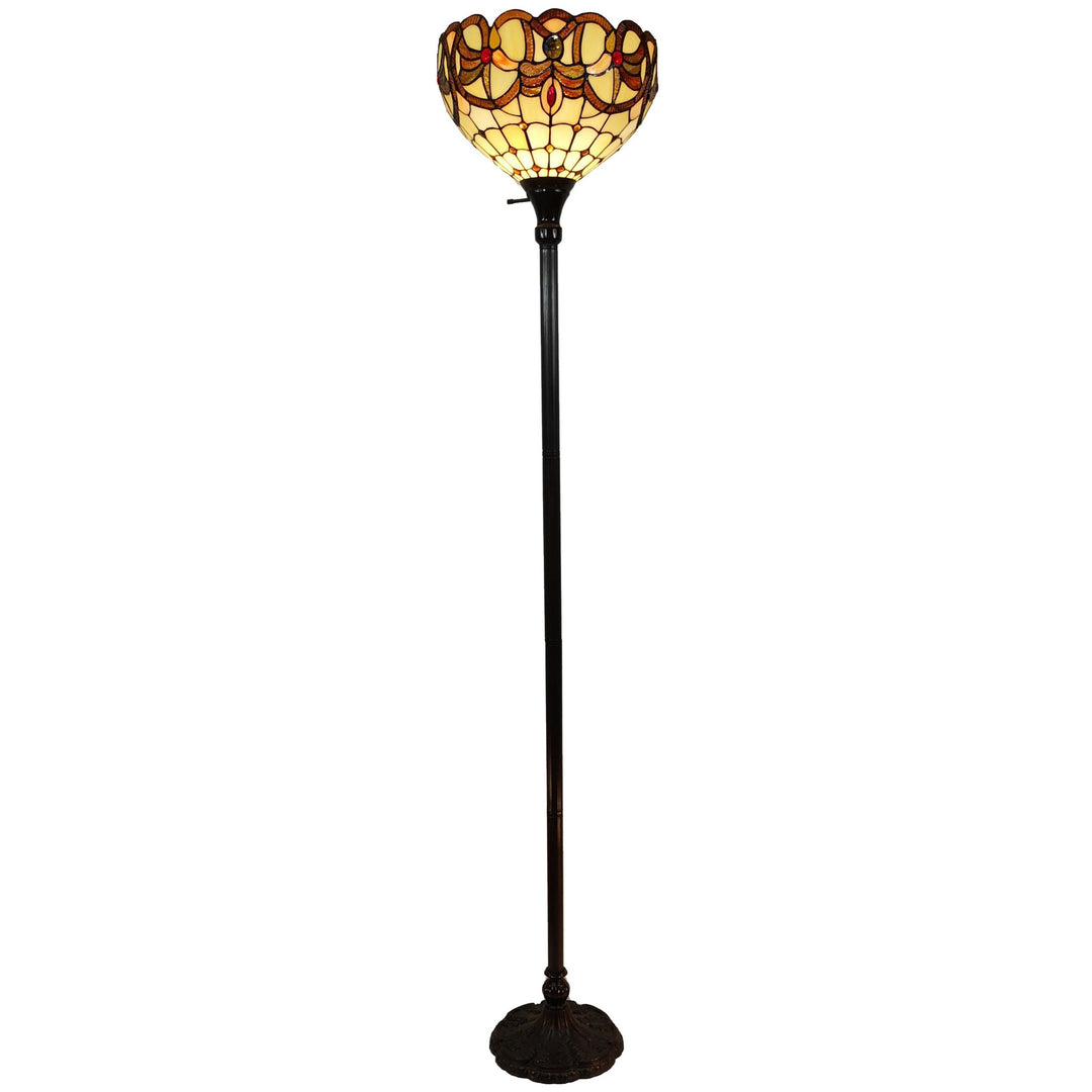 62" Brown Traditional Shaped Floor Lamp With White And Brown Stained Glass Bowl Shade