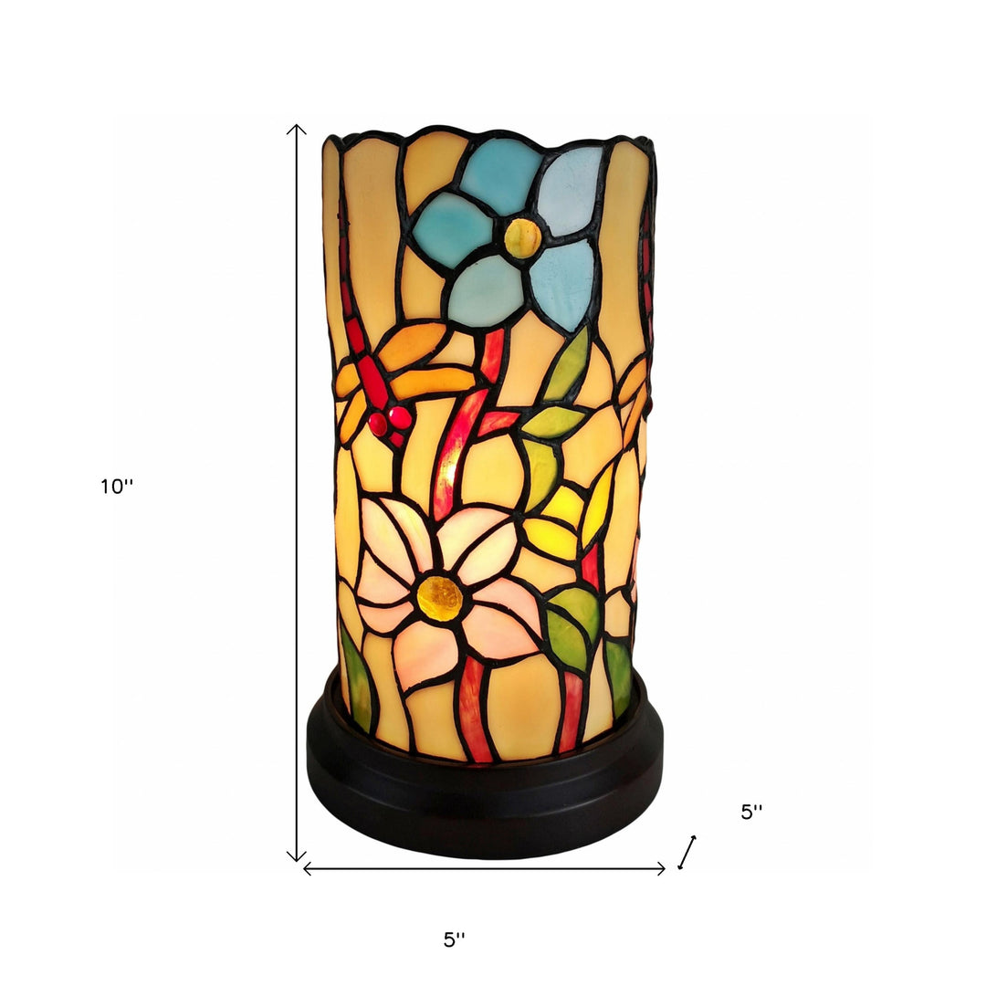 10" Red and Beige Dragonfly Stained Glass Accent Lamp