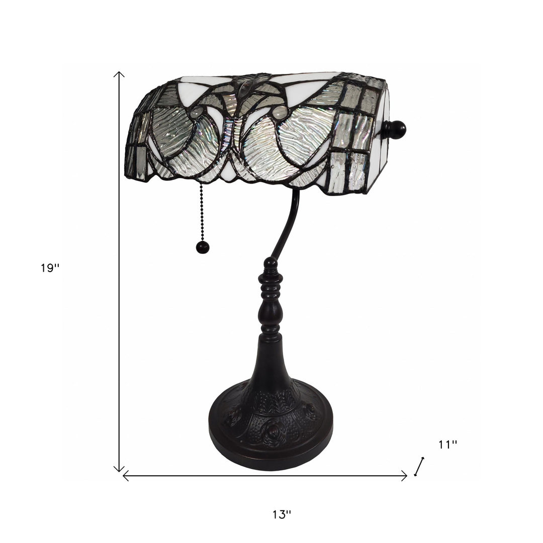 16" Dark Brown Table Lamp With White and Silver Shade