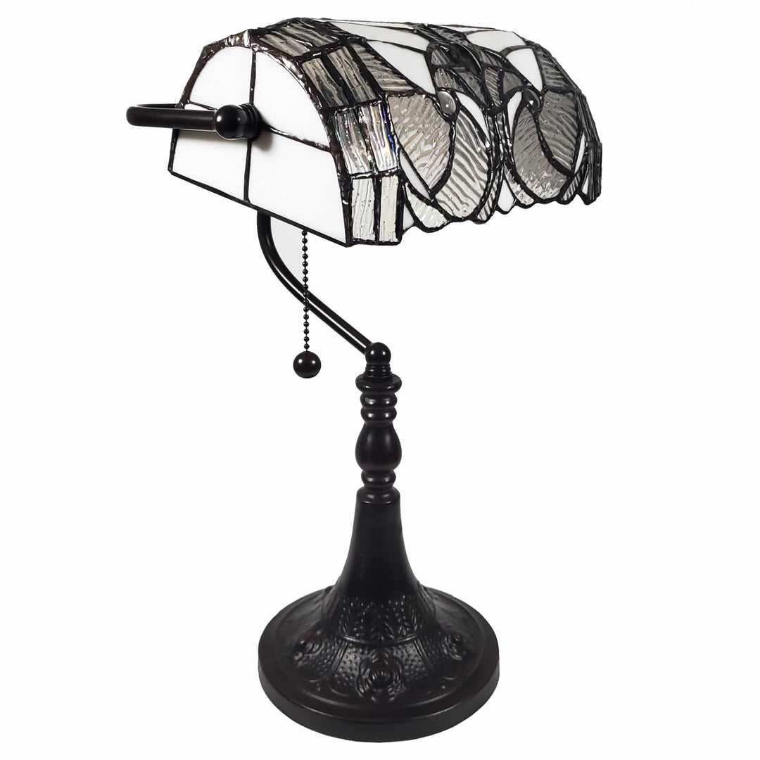 16" Dark Brown Table Lamp With White and Silver Shade