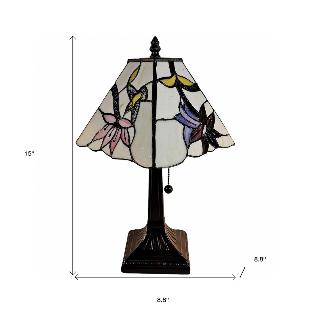 15" Dark Brown Candlestick Table Lamp With Ivory and Red Birds Novelty Shade