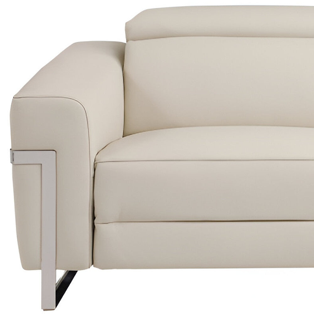 83" Beige Italian Leather USB Reclining Sofa With Silver Legs