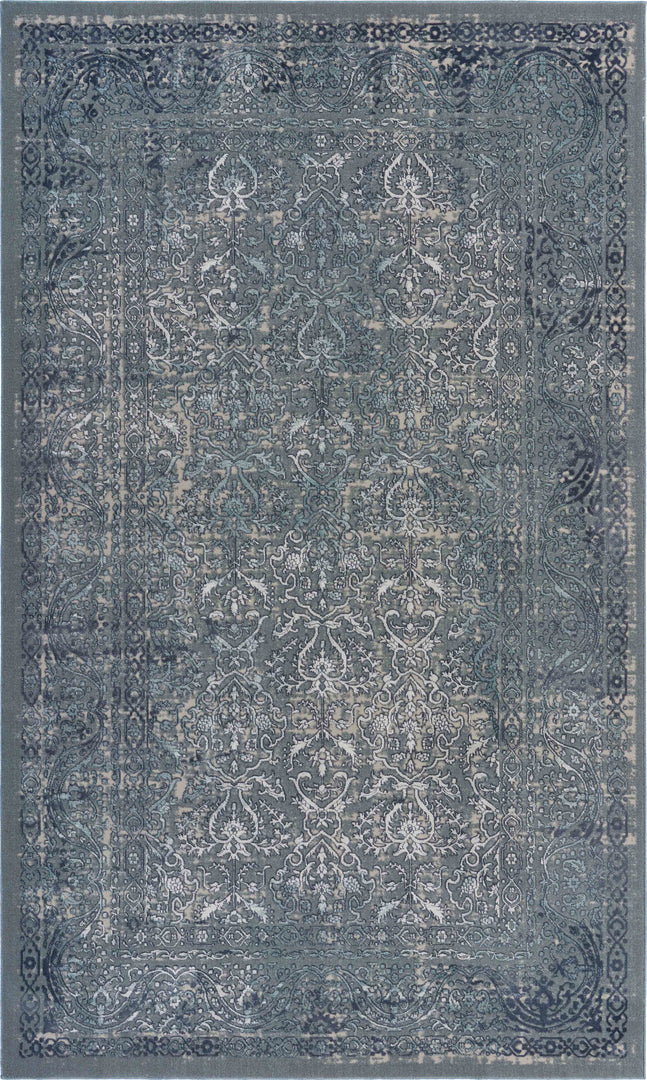 2' X 3' Blue Silver Gray And Cream Damask Distressed Stain Resistant Area Rug