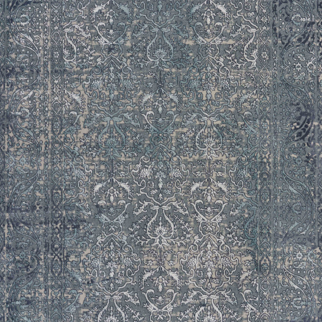 2' X 3' Blue Silver Gray And Cream Damask Distressed Stain Resistant Area Rug