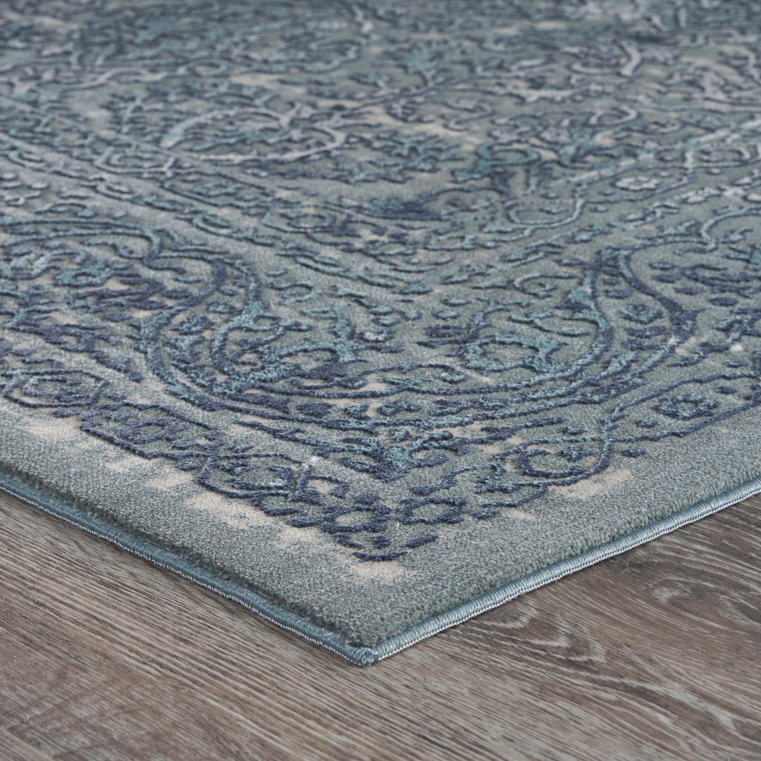 2' X 3' Blue Silver Gray And Cream Damask Distressed Stain Resistant Area Rug