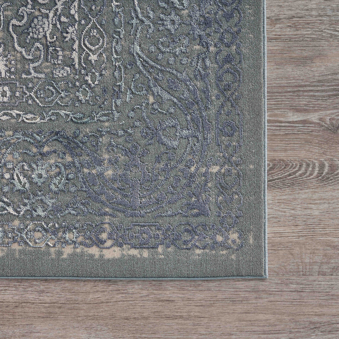 2' X 3' Blue Silver Gray And Cream Damask Distressed Stain Resistant Area Rug