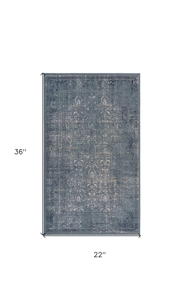 2' X 3' Blue Silver Gray And Cream Damask Distressed Stain Resistant Area Rug