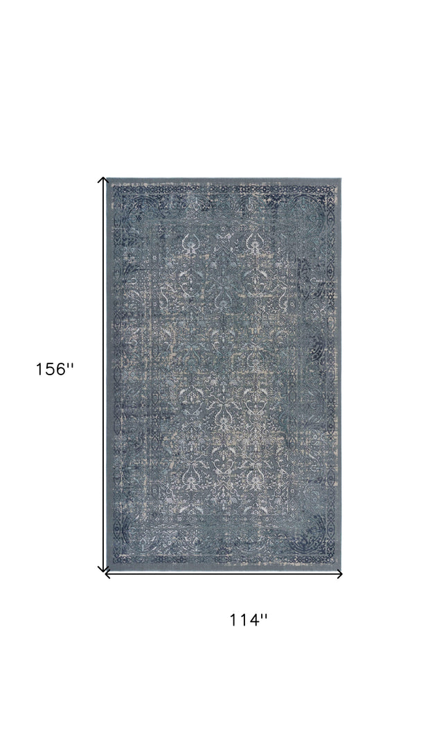 10' X 13' Blue Silver Gray And Cream Damask Distressed Stain Resistant Area Rug