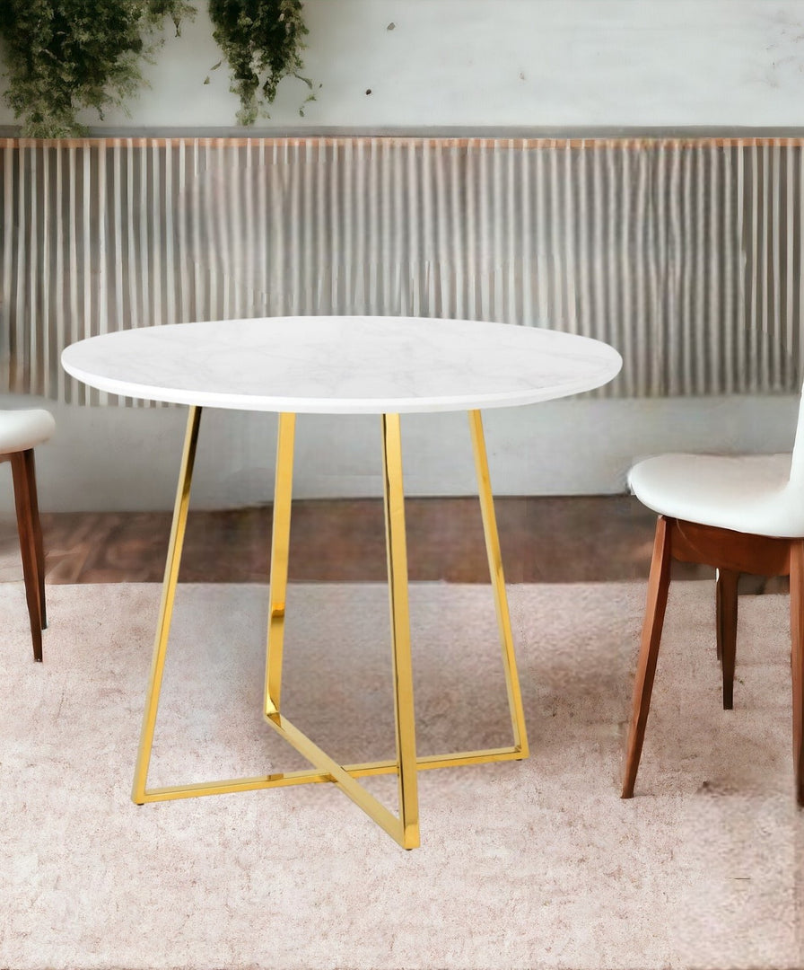 39" White Faux Marble and Gold Iron Round Dining Table with Pedestal Base