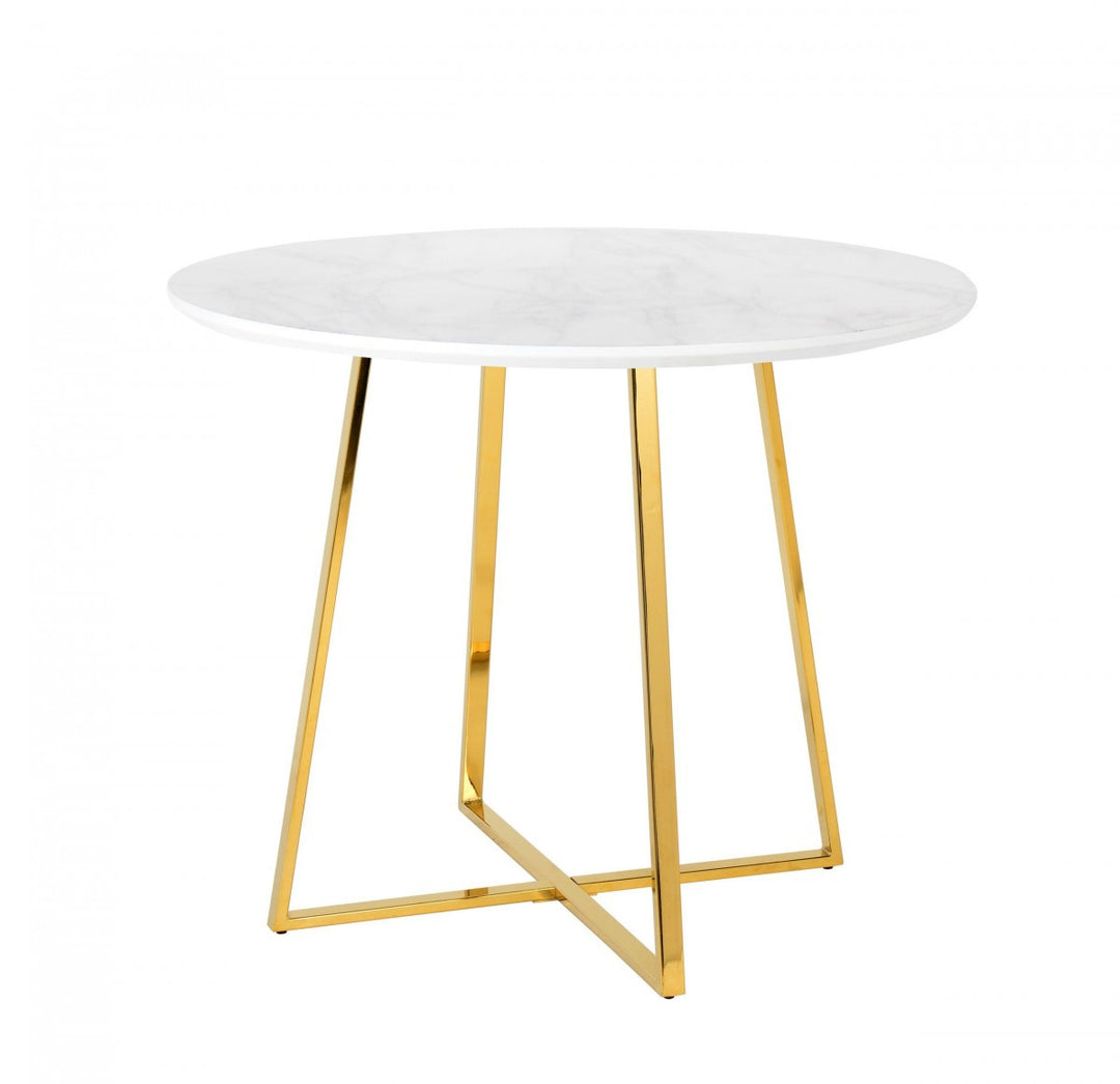 39" White Faux Marble and Gold Iron Round Dining Table with Pedestal Base