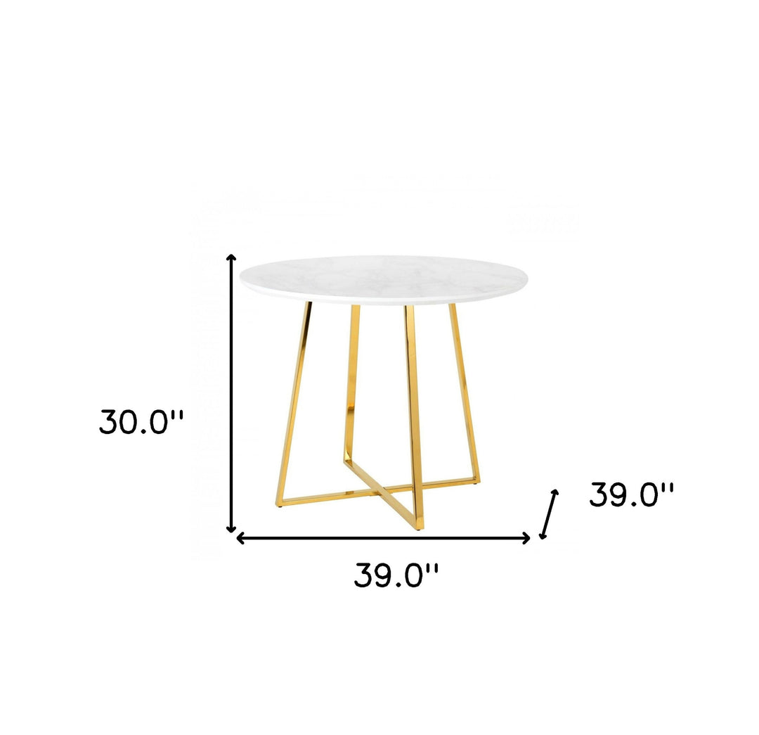 39" White Faux Marble and Gold Iron Round Dining Table with Pedestal Base