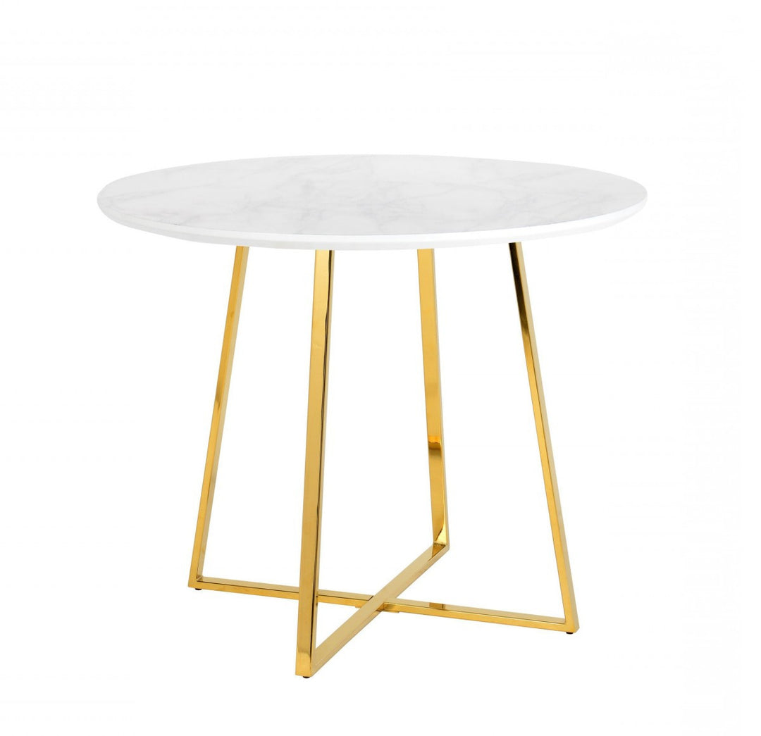 39" White Faux Marble and Gold Iron Round Dining Table with Pedestal Base