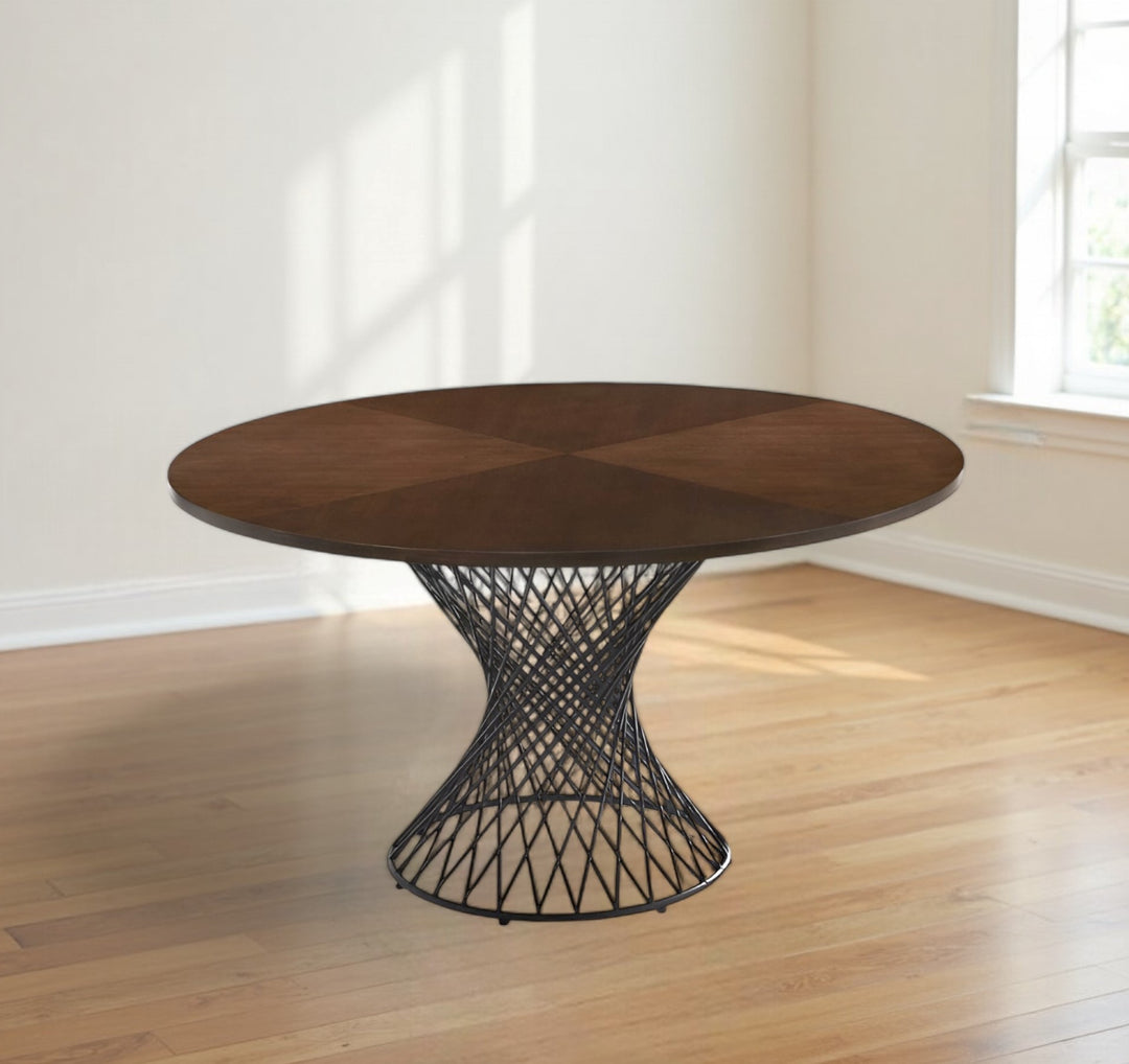 54" Walnut and Black Round Dining Table with Hourglass Pedestal Base