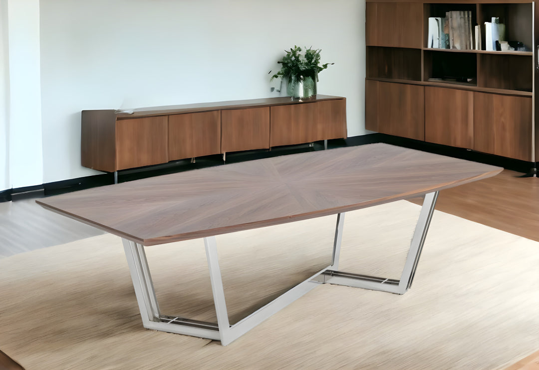 107" Walnut and Silver Modern Rectangular Dining Table with Trestle Base