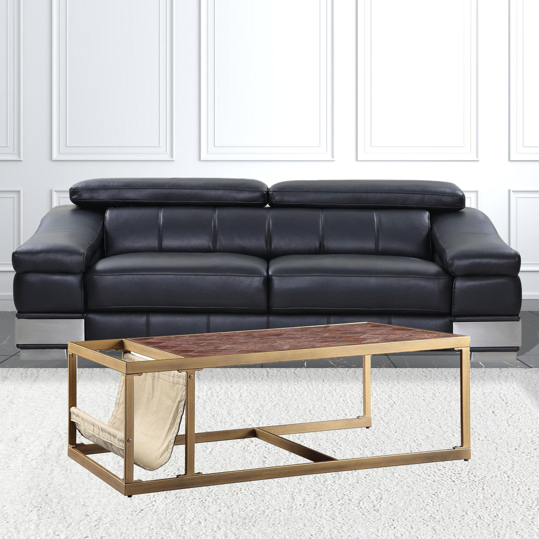 51-Inch Brass and Retro Brown Leather Rectangular Coffee Table with Storage