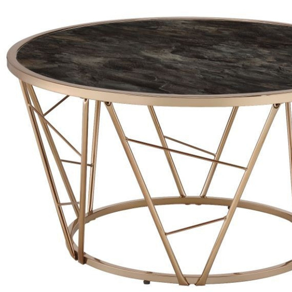 33-Inch Black and Champagne Faux Marble Glass Round Coffee Table