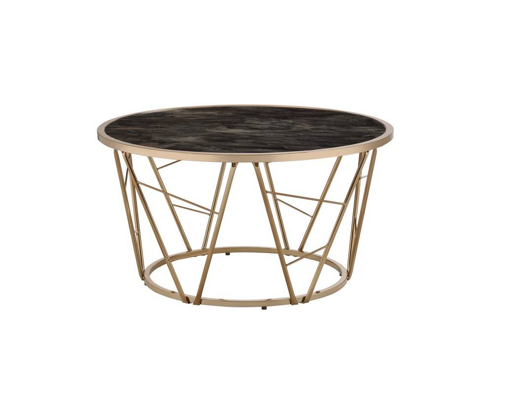 33-Inch Black and Champagne Faux Marble Glass Round Coffee Table