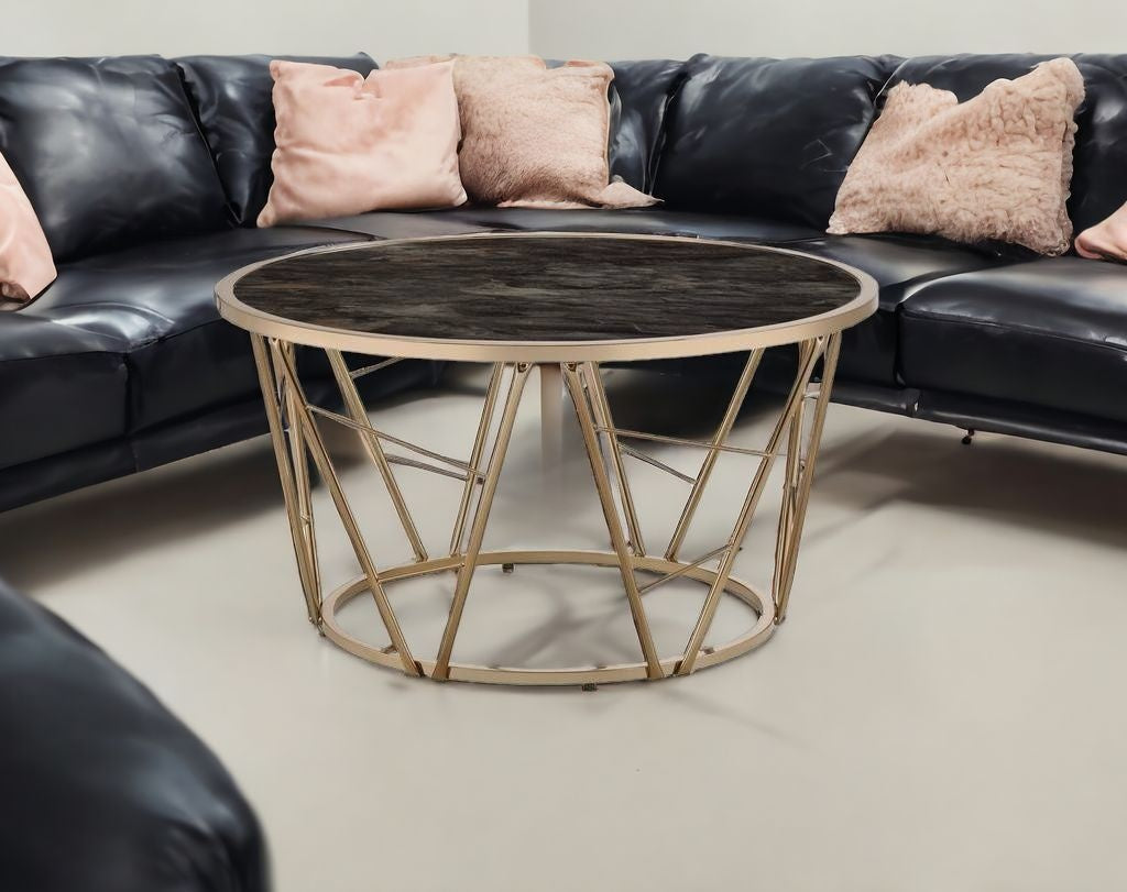 33-Inch Black and Champagne Faux Marble Glass Round Coffee Table