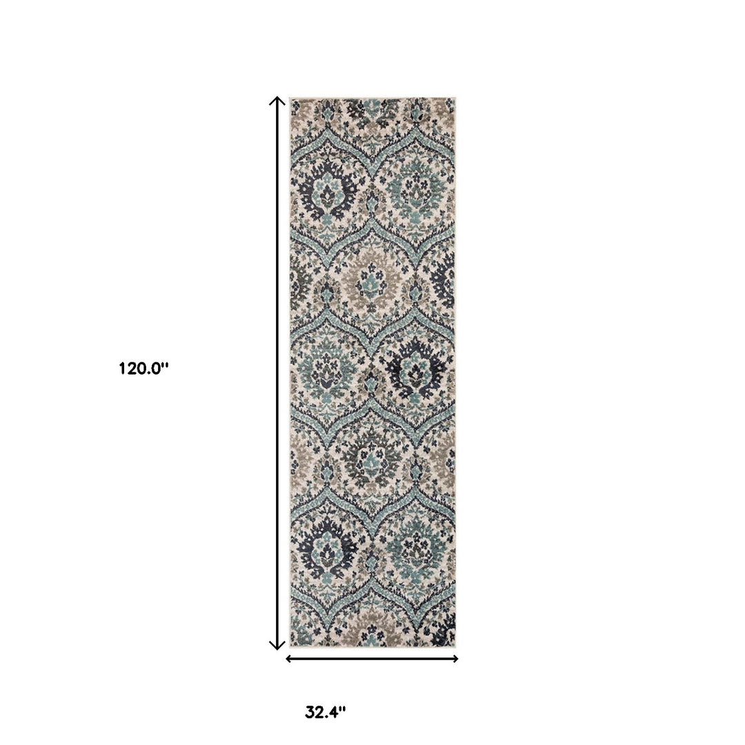 10' Ivory Blue and Gray Medallion Runner Rug