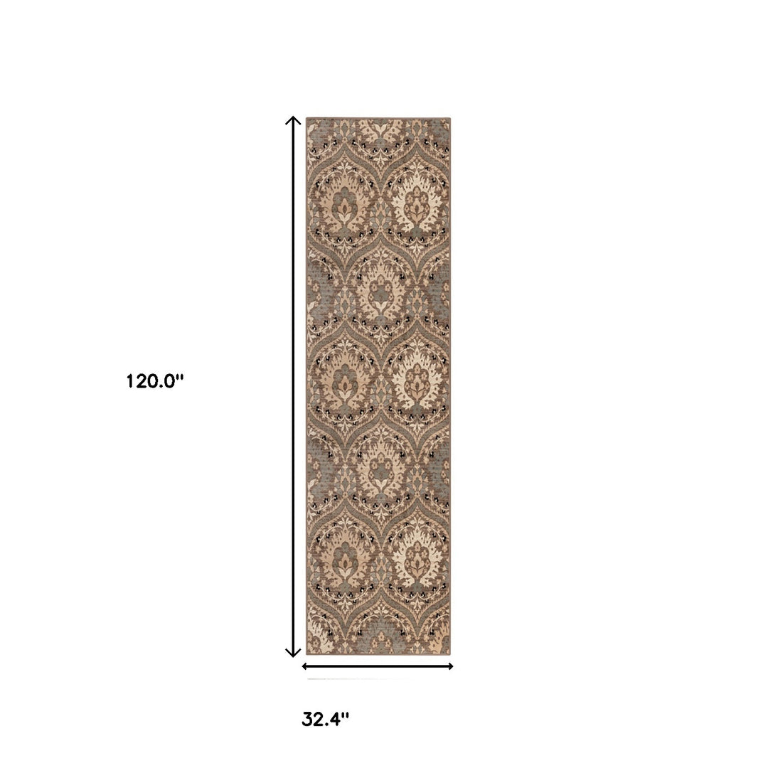 10' Ivory Beige And Light Blue Floral Stain Resistant Runner Rug