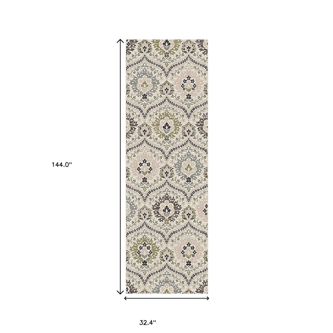 12' Ivory Gray And Olive Floral Stain Resistant Runner Rug