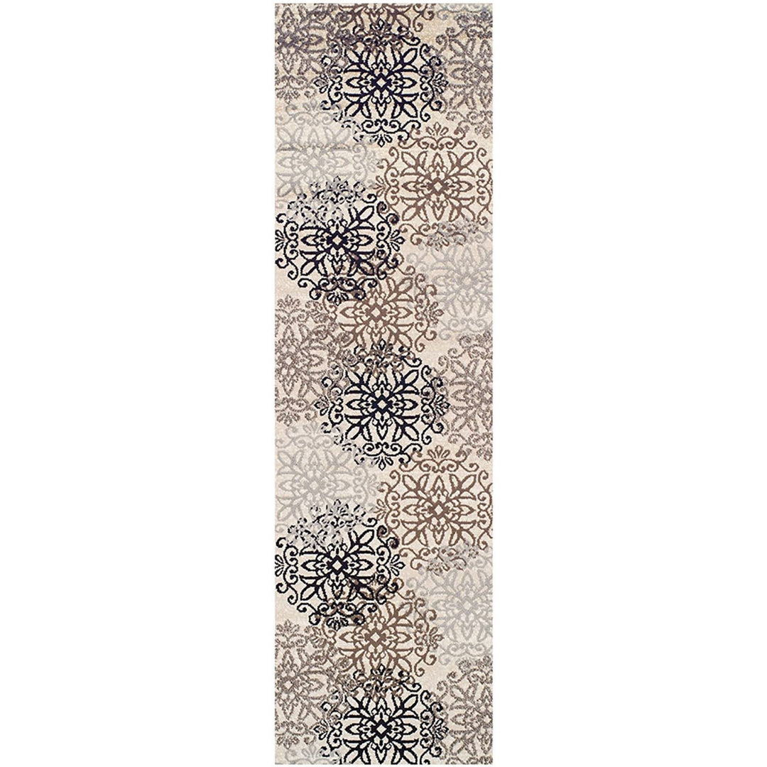 10' Beige Black and Gray Floral Medallion Power Loom Runner Rug