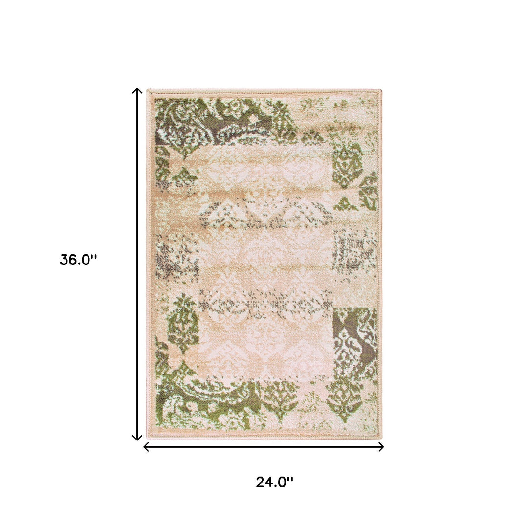 2' X 3' Beige Damask Power Loom Distressed Stain Resistant Area Rug