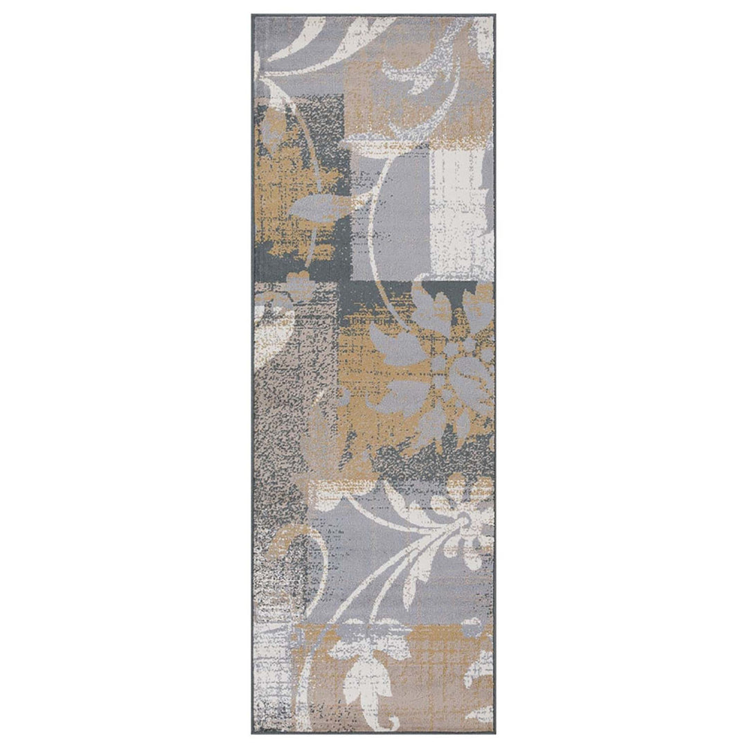 10' Beige And Gray Floral Power Loom Distressed Stain Resistant Runner Rug