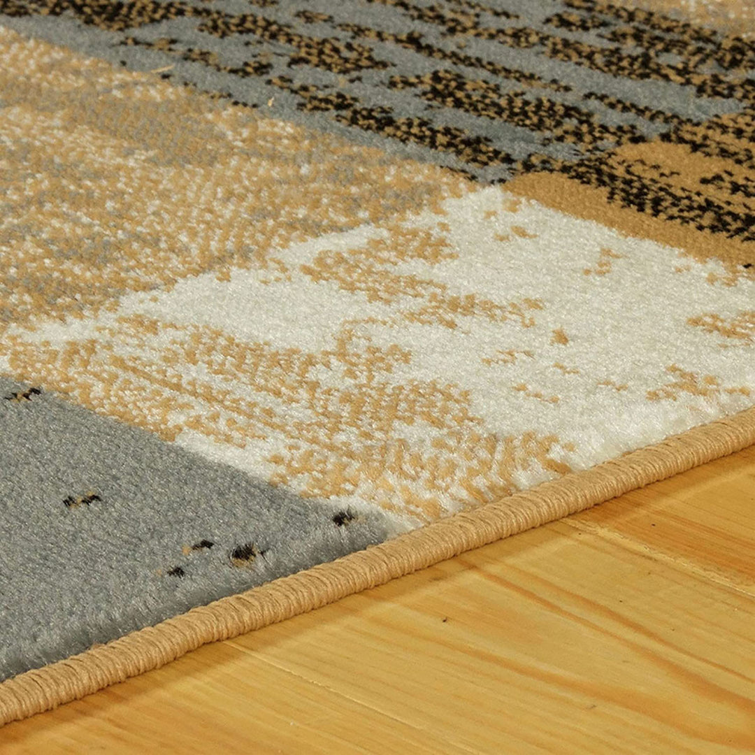 12' Brown Blue and Beige Patchwork Stain Resistant Runner Rug