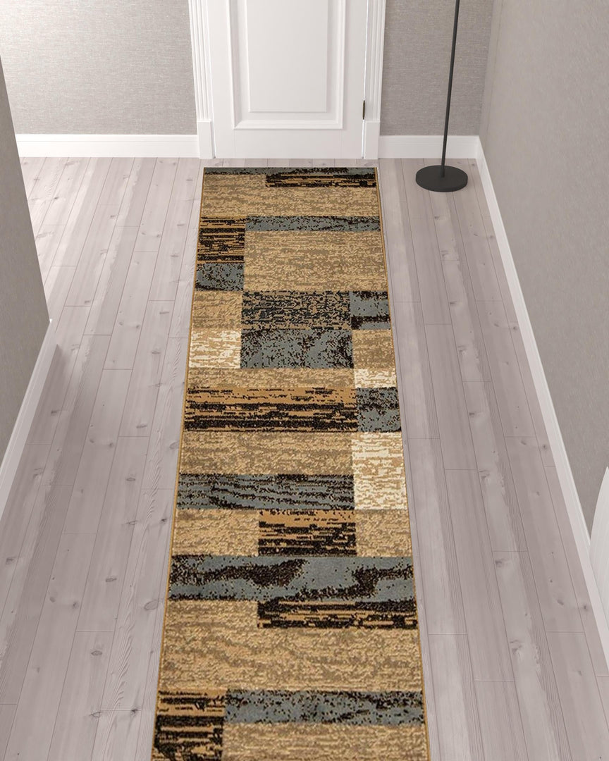 12' Brown Blue and Beige Patchwork Stain Resistant Runner Rug