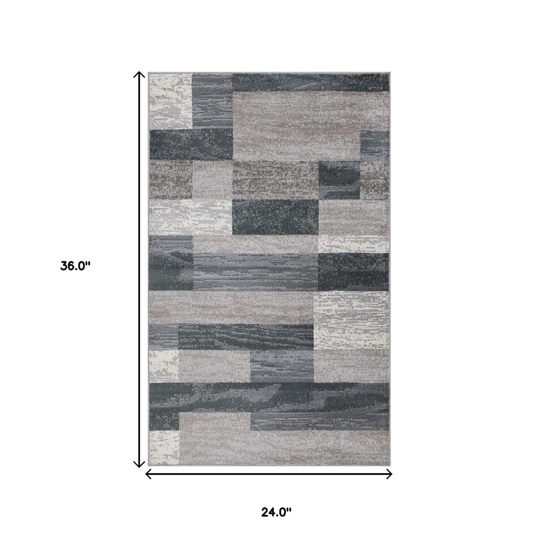 2' X 3' Blue And Taupe Patchwork Power Loom Stain Resistant Area Rug