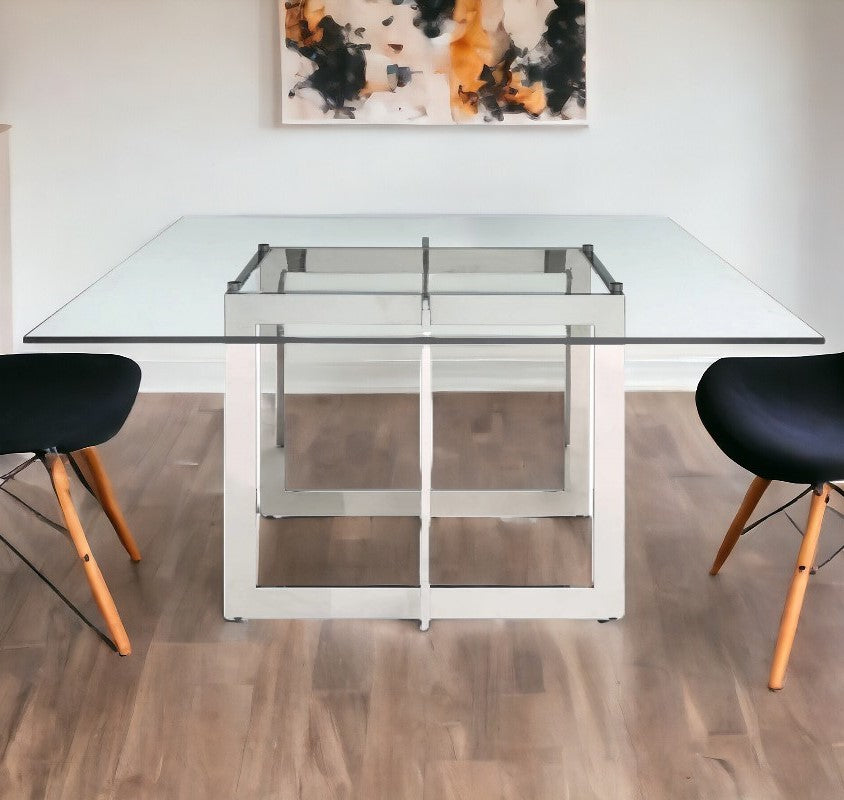 59" Gunmetal and Clear Glass Square Dining Table with Pedestal Base